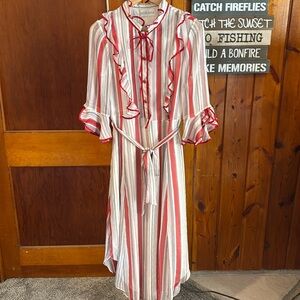 Mikael Aghal Belted Ruffle-Trimmed Striped Georgette Midi Dress  small flaw